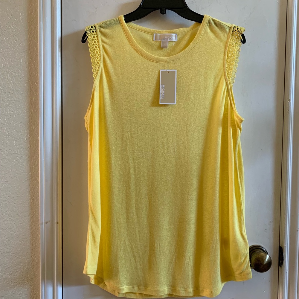 Michael Kors Bright Yellow Sleeveless Knit Top with Crochet Shoulder Trim